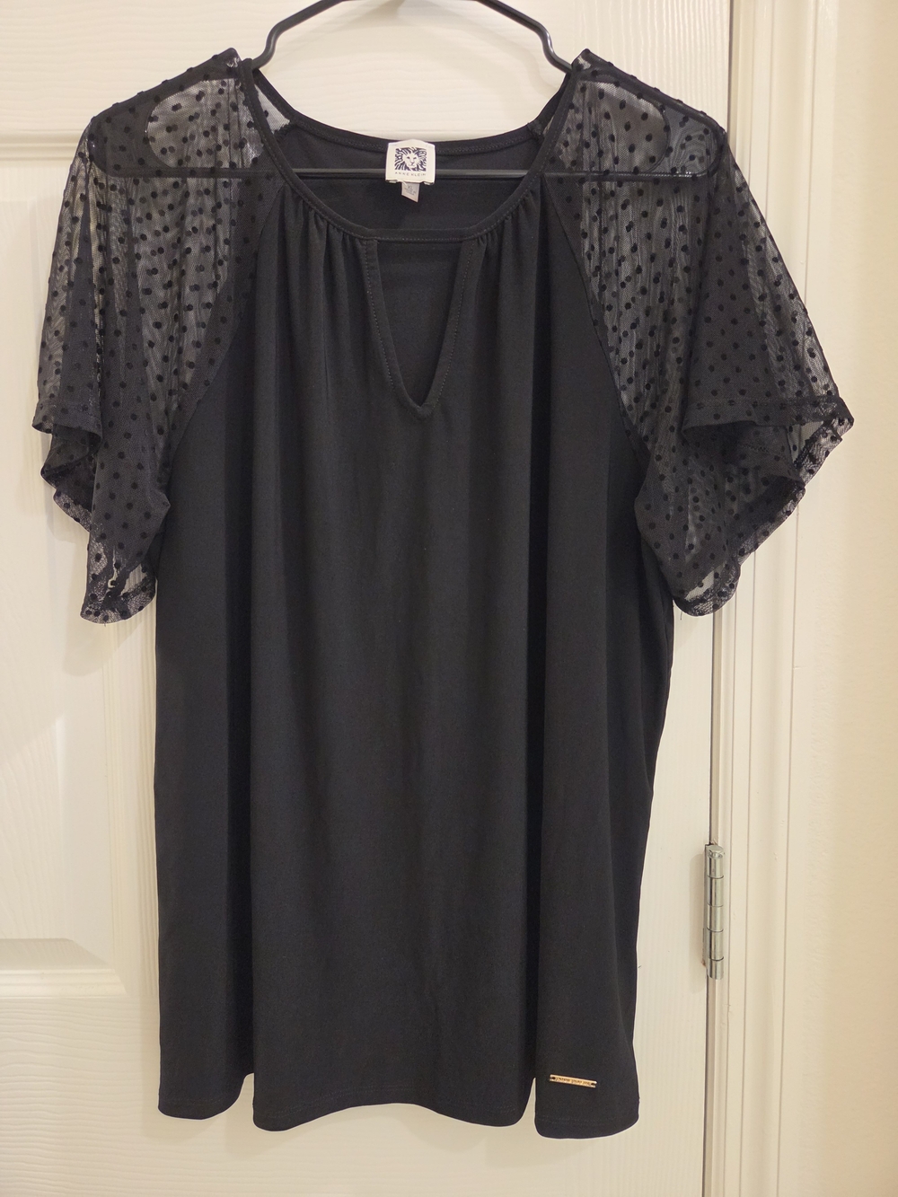 Anne Klein Black Polka Dot Mesh Sleeve Women’s Top Size XL